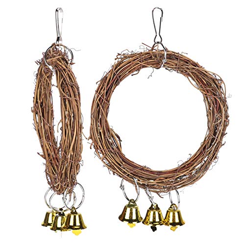 2Pcs Parrots Swing with Bells, Natural Rattan Bird Swing Perches Toy Parrot Toy for Parrot Budgie Parakeet Cockatiels Conure