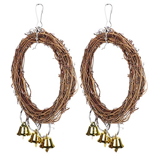 2Pcs Parrots Swing with Bells, Natural Rattan Bird Swing Perches Toy Parrot Toy for Parrot Budgie Parakeet Cockatiels Conure