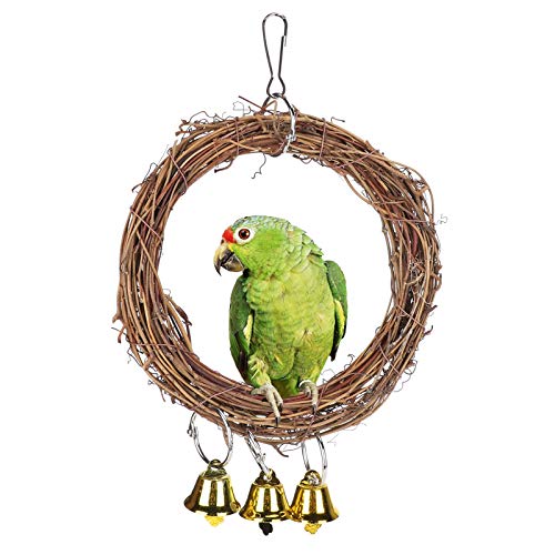 2Pcs Parrots Swing with Bells, Natural Rattan Bird Swing Perches Toy Parrot Toy for Parrot Budgie Parakeet Cockatiels Conure