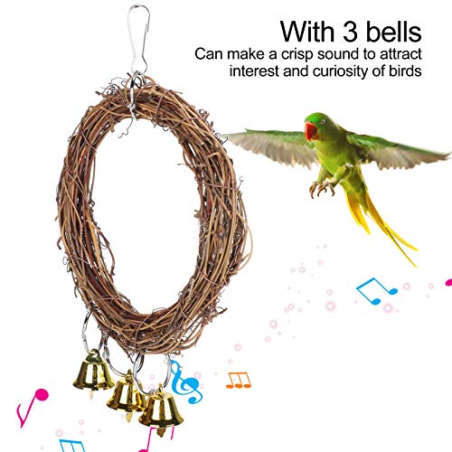 2Pcs Parrots Swing with Bells, Natural Rattan Bird Swing Perches Toy Parrot Toy for Parrot Budgie Parakeet Cockatiels Conure