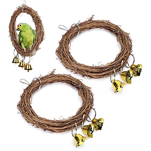 2Pcs Parrots Swing with Bells, Natural Rattan Bird Swing Perches Toy Parrot Toy for Parrot Budgie Parakeet Cockatiels Conure