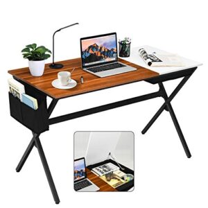 tangkula 47’’ computer desk w/cube drawer, home office writing desk with side storage bag, modern stylish pc study table workstation for bedroom (walnut & white)