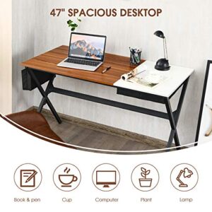 Tangkula 47’’ Computer Desk w/Cube Drawer, Home Office Writing Desk with Side Storage Bag, Modern Stylish PC Study Table Workstation for Bedroom (Walnut & White)