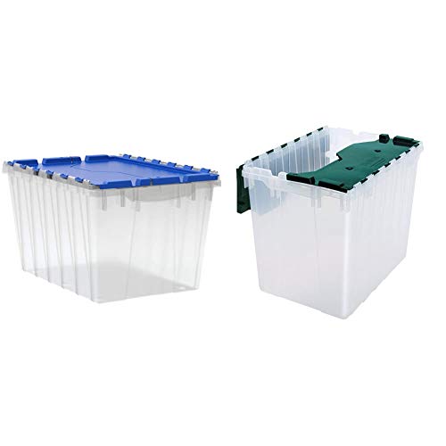 Akro-Mils 66486CLDBL 12-Gallon Plastic Storage KeepBox with Attached Lid, Semi Clear & 66497CLDGN Plastic Storage Container 18 Gallon KeepBox with Hinged Attached Lid, Clear/Green