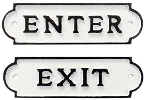 ziolte set of enter exit cast iron gate sign plates, rustic gate plaques in white and black, 2.25 x 7.4 inches each; includes mounting hardware…