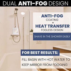 Portable Hanging Fogless Shower Mirror for Shaving with Hangable Hook, Razor Holder and Anti Fog Shatterproof Surface - Fill Basin Behind Mirror with Hot Water for Fog Free Shave - 8" x 7" (White)