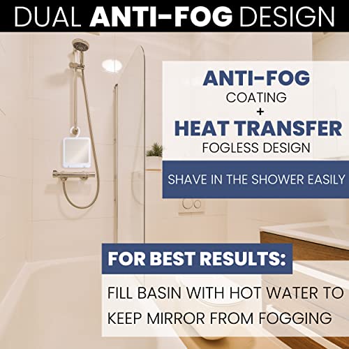 Portable Hanging Fogless Shower Mirror for Shaving with Hangable Hook, Razor Holder and Anti Fog Shatterproof Surface - Fill Basin Behind Mirror with Hot Water for Fog Free Shave - 8" x 7" (White)