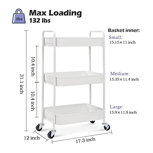 TOOLF 3-Tier Rolling Cart, Metal Utility Cart with Lockable Wheels, Storage Craft Art Cart Trolley Organizer Serving Cart Easy Assembly for Office, Bathroom, Kitchen, Kids' Room, Classroom (White)