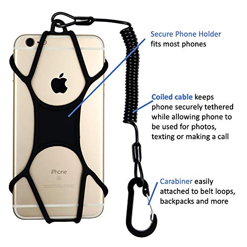 Rugged Phone Lanyard Holder with Coiled Strap Tether and Gated Carabiner for Hiking, Climbing, Skiing, Outdoors, School, Travel, Clip to Belt Loop, Clothing, Backpack, Compatible with Most Cell Phones