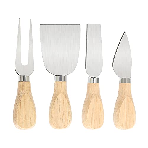 4 Pieces Set Cheese Knives Set with Wood Handle, Stainless Steel Cheese Slicer/Cheese Cutter (Cheese Knife, Shaver, Fork and Spreader) for Charcuterie Board Accessories
