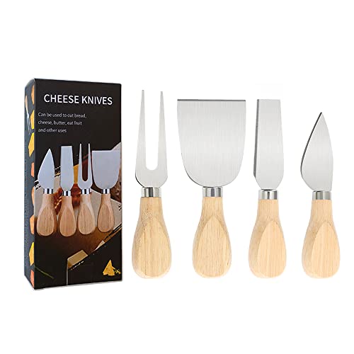 4 Pieces Set Cheese Knives Set with Wood Handle, Stainless Steel Cheese Slicer/Cheese Cutter (Cheese Knife, Shaver, Fork and Spreader) for Charcuterie Board Accessories