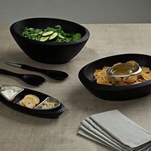 Nambe - Noir Collection Dark Stained Acacia Wood Chip & Dip Serving Bowl with Nambe Alloy Dip Bowl - Measures at 16" x 11" - Made with Acacia Wood and Nambe Alloy - Designed by Steve Cozzolino