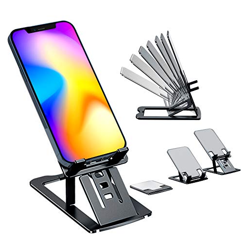 Cell Phone Stand,Bimawen Foldable Aluminum Alloy Ultra Slim Cell Phone Holder for Desk,or Device from 3" to 13"(Grey)