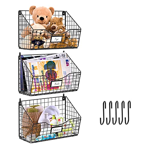 X-cosrack 3 Tier Hanging Metal Wire Basket Bin Extra Large with 5 Hooks Foldable Wall Mount File Holder Sorter Magazine Mail Rack Fruit Organizer for Kitchen Bathroom Entryway Garage Office-Large Size