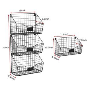 X-cosrack 3 Tier Hanging Metal Wire Basket Bin Extra Large with 5 Hooks Foldable Wall Mount File Holder Sorter Magazine Mail Rack Fruit Organizer for Kitchen Bathroom Entryway Garage Office-Large Size