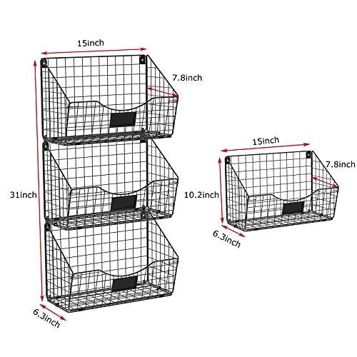 X-cosrack 3 Tier Hanging Metal Wire Basket Bin Extra Large with 5 Hooks Foldable Wall Mount File Holder Sorter Magazine Mail Rack Fruit Organizer for Kitchen Bathroom Entryway Garage Office-Large Size