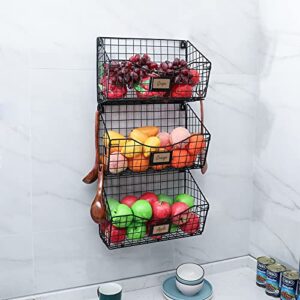 X-cosrack 3 Tier Hanging Metal Wire Basket Bin Extra Large with 5 Hooks Foldable Wall Mount File Holder Sorter Magazine Mail Rack Fruit Organizer for Kitchen Bathroom Entryway Garage Office-Large Size