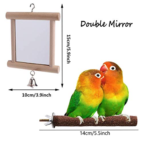 WoYous Bird Cage Mirror, 2 Pieces Parrot Double Side Mirror Swing Wooden Hanging Bird Mirror and Bird Prech for Little Macaws Lovebird Cockatoo Parakeet Finch Cockatiel (C)