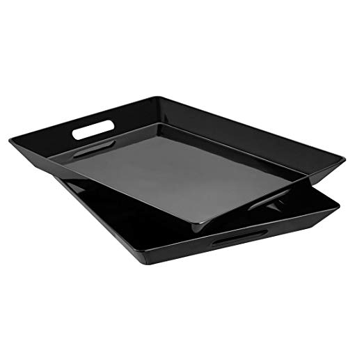 i BKGOO Black Large Tray,Melamine Serving Tray with Handles, Set of 2 Rectangular Tray for Food Organizer,Breakfast, Lunch, Dinner 15.5 x 12.2 x 1.6 inch