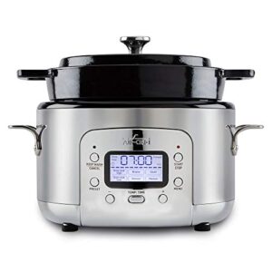 all-clad electrics stainless steel and cast iron slow cooker 5 quart 7-in-1 slow cook high/low, braise, sauté, simmer, manual, keep warm 1200 watts stove and oven safe black enamel crock insert