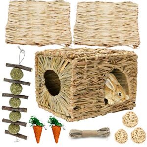 hamiledyi bunny grass house with 2 grass mat and play balls foldable toy hut for rabbit, squirrels, guinea pigs play and sleep edible grass hideaway