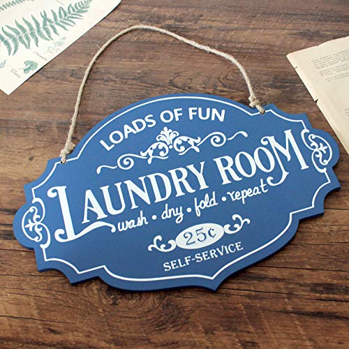 BetyHom 13×9 In Distressed Blue Wooden Laundry Room Wall Decor Sign Self Service Laundry Signs with Hang Rope