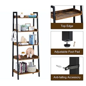 Rolanstar Bookshelf, 5 Tier Ladder Bookshelf with 3 Hooks, Industrial Bookcases, Freestanding Display Plant Shelves with Metal Frame for Living Room, Rustic Brown