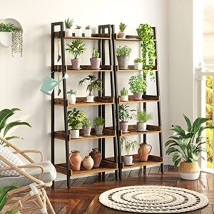 Rolanstar Bookshelf, 5 Tier Ladder Bookshelf with 3 Hooks, Industrial Bookcases, Freestanding Display Plant Shelves with Metal Frame for Living Room, Rustic Brown