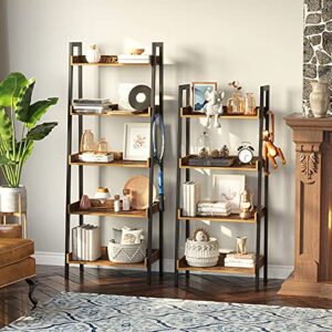 Rolanstar Bookshelf, 5 Tier Ladder Bookshelf with 3 Hooks, Industrial Bookcases, Freestanding Display Plant Shelves with Metal Frame for Living Room, Rustic Brown