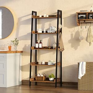 Rolanstar Bookshelf, 5 Tier Ladder Bookshelf with 3 Hooks, Industrial Bookcases, Freestanding Display Plant Shelves with Metal Frame for Living Room, Rustic Brown