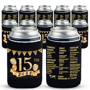 yangmics 15th birthday can cooler sleeves pack of 12-15th anniversary decorations- 2008 sign - 15th birthday party supplies - black and gold the fifteenth birthday cup coolers