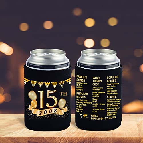 Yangmics 15th Birthday Can Cooler Sleeves Pack of 12-15th Anniversary Decorations- 2008 Sign - 15th Birthday Party Supplies - Black and Gold the fifteenth Birthday Cup Coolers