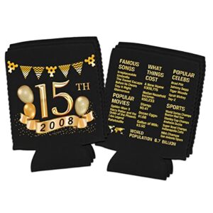 Yangmics 15th Birthday Can Cooler Sleeves Pack of 12-15th Anniversary Decorations- 2008 Sign - 15th Birthday Party Supplies - Black and Gold the fifteenth Birthday Cup Coolers