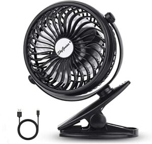 ajoyeux battery operated clip on fan, portable rechargeable personal fan (5 inch) for stroller, camping, cart seat, gym, black