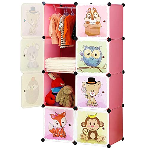 BRIAN & DANY Portable Cartoon Clothes Closet DIY Modular Storage Organizer, Sturdy and Safe Wardrobe for Children and Kids, 6 Cubes&1 Hanging Sections, 30% Deeper Than Standard Version, Red