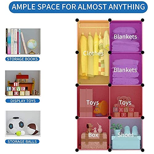 BRIAN & DANY Portable Cartoon Clothes Closet DIY Modular Storage Organizer, Sturdy and Safe Wardrobe for Children and Kids, 6 Cubes&1 Hanging Sections, 30% Deeper Than Standard Version, Red