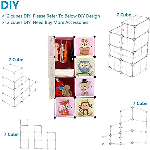 BRIAN & DANY Portable Cartoon Clothes Closet DIY Modular Storage Organizer, Sturdy and Safe Wardrobe for Children and Kids, 6 Cubes&1 Hanging Sections, 30% Deeper Than Standard Version, Red
