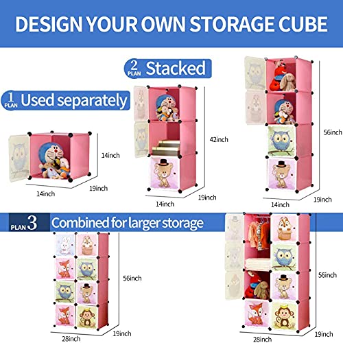 BRIAN & DANY Portable Cartoon Clothes Closet DIY Modular Storage Organizer, Sturdy and Safe Wardrobe for Children and Kids, 6 Cubes&1 Hanging Sections, 30% Deeper Than Standard Version, Red