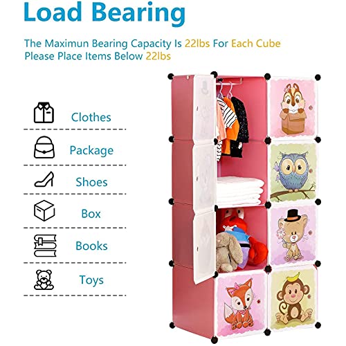 BRIAN & DANY Portable Cartoon Clothes Closet DIY Modular Storage Organizer, Sturdy and Safe Wardrobe for Children and Kids, 6 Cubes&1 Hanging Sections, 30% Deeper Than Standard Version, Red