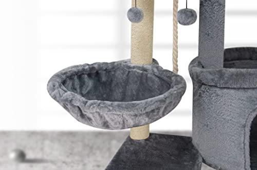 Youpet Fashion Design Cat Tree with Cat Condo Hammock and Two Replacement Hanging Balls,Grey