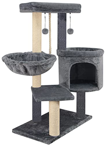 Youpet Fashion Design Cat Tree with Cat Condo Hammock and Two Replacement Hanging Balls,Grey