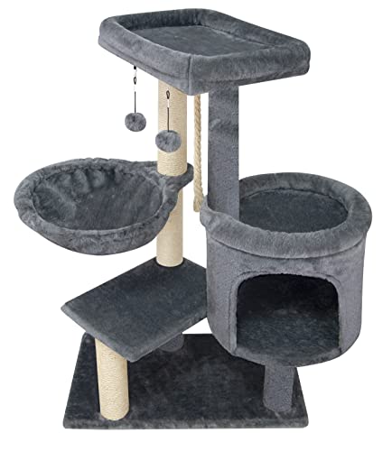 Youpet Fashion Design Cat Tree with Cat Condo Hammock and Two Replacement Hanging Balls,Grey