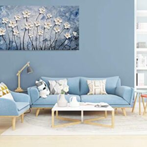 YHSKY ARTS Floral Canvas Wall Art Hand Painted Blue and White Heavy Textured Painting Modern Abstract Flower Pictures Contemporary Artwork for Living Room Bedroom Office Decoration