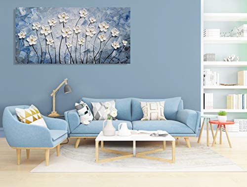 YHSKY ARTS Floral Canvas Wall Art Hand Painted Blue and White Heavy Textured Painting Modern Abstract Flower Pictures Contemporary Artwork for Living Room Bedroom Office Decoration