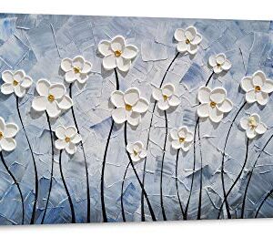 YHSKY ARTS Floral Canvas Wall Art Hand Painted Blue and White Heavy Textured Painting Modern Abstract Flower Pictures Contemporary Artwork for Living Room Bedroom Office Decoration