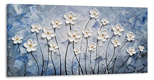 YHSKY ARTS Floral Canvas Wall Art Hand Painted Blue and White Heavy Textured Painting Modern Abstract Flower Pictures Contemporary Artwork for Living Room Bedroom Office Decoration