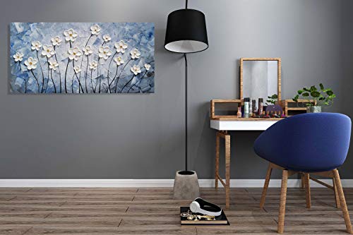 YHSKY ARTS Floral Canvas Wall Art Hand Painted Blue and White Heavy Textured Painting Modern Abstract Flower Pictures Contemporary Artwork for Living Room Bedroom Office Decoration