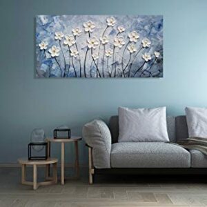 YHSKY ARTS Floral Canvas Wall Art Hand Painted Blue and White Heavy Textured Painting Modern Abstract Flower Pictures Contemporary Artwork for Living Room Bedroom Office Decoration