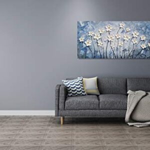 YHSKY ARTS Floral Canvas Wall Art Hand Painted Blue and White Heavy Textured Painting Modern Abstract Flower Pictures Contemporary Artwork for Living Room Bedroom Office Decoration