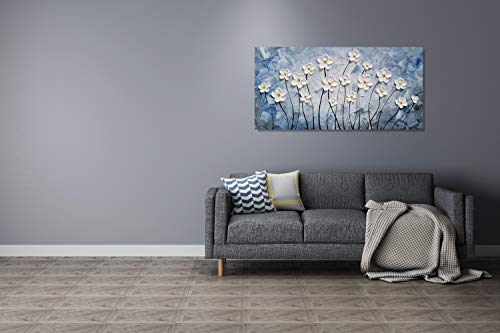 YHSKY ARTS Floral Canvas Wall Art Hand Painted Blue and White Heavy Textured Painting Modern Abstract Flower Pictures Contemporary Artwork for Living Room Bedroom Office Decoration